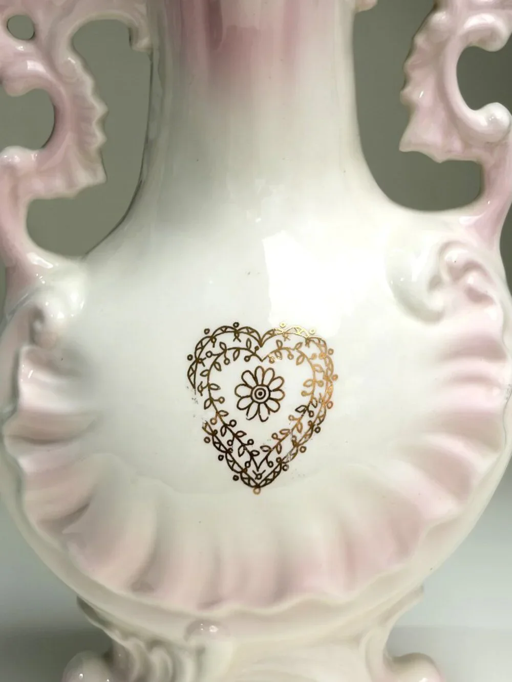 Vintage Pink White Floral Ceramic Vase Ornate Double Handle